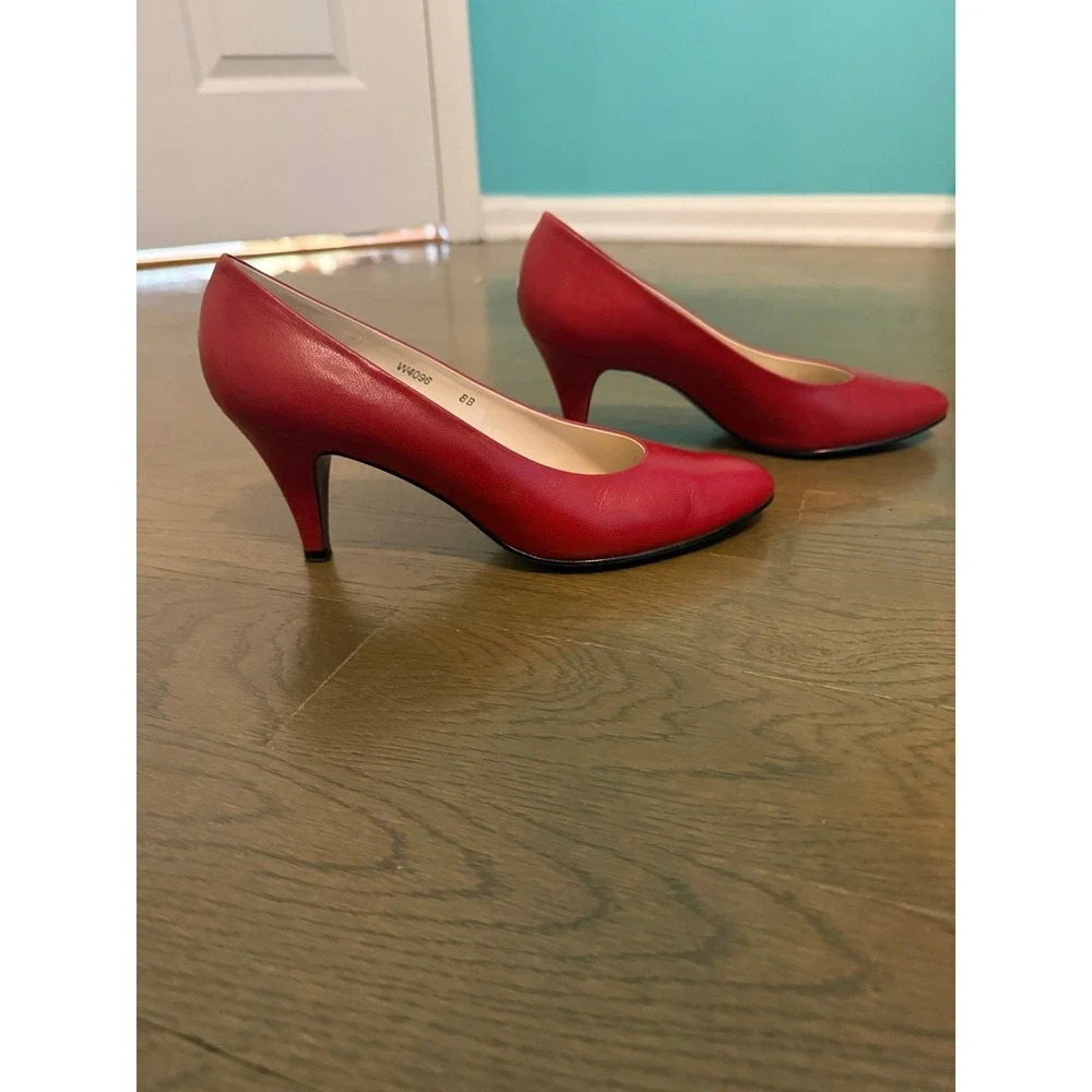 Florsheim Signature Red Leather Pumps Vintage Almond Toe Kitten Heels 8B
